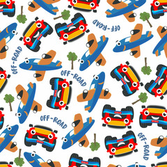 Obraz na płótnie Canvas Seamless pattern vector of monster truck and cute little airplane. Creative vector childish background for fabric, textile, nursery wallpaper, card, poster and other decoration.