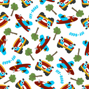 Seamless pattern vector of monster truck and cute little airplane. Creative vector childish background for fabric, textile, nursery wallpaper, card, poster and other decoration.
