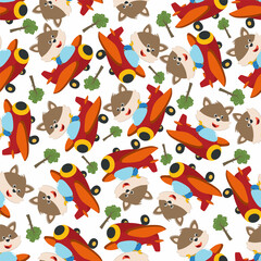 Obraz premium Seamless pattern of Cute little fox flying on a airplane. funny animal cartoon. Creative vector childish background for fabric textile, nursery wallpaper, poster, brochure. and other decoration.