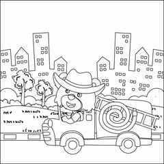 Fototapeta premium Fire rescue team with funny firefighter, vector cartoon, Cartoon isolated vector illustration, Creative vector Childish design for kids activity colouring book or page.