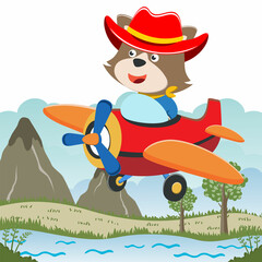Vector illustration of funny fox flying on a airplane. Vector childish background for fabric textile, nursery wallpaper, card, poster and other decoration. Vector illustration.