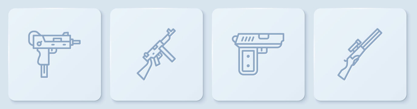 Set line UZI submachine gun, Pistol or, Tommy and Hunting. White square button. Vector