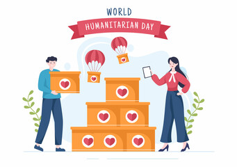 World Humanitarian Day with Global Celebration of Helping People, Work Together, Charity, Donation and Volunteer in Flat Cartoon Illustration