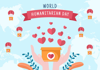World Humanitarian Day with Global Celebration of Helping People, Work Together, Charity, Donation and Volunteer in Flat Cartoon Illustration
