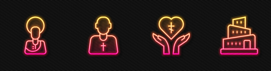Set line Religious cross in heart, Jesus Christ, Priest and Babel tower bible story. Glowing neon icon. Vector