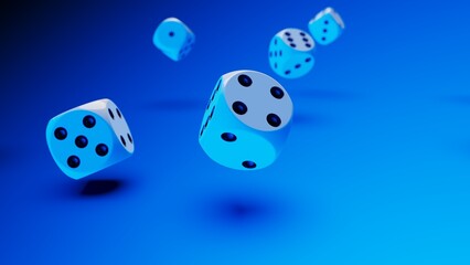 Rolling white-black dices under 
blue lighting background. Conceptual 3D illustration of establishment statistics, business opportunities, life crossroads and horse race gambling.
