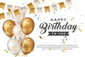 happy birthday greeting template with balloon, birthday flag and glitter