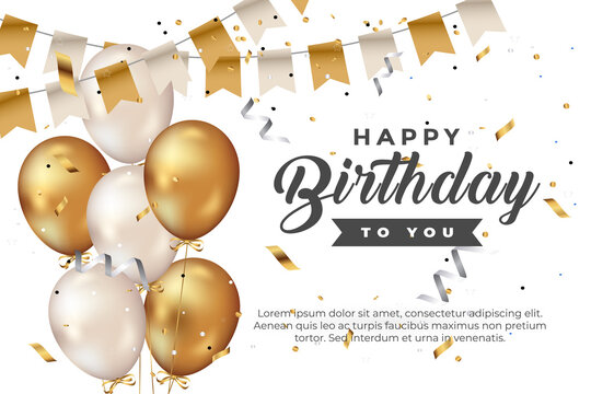 happy birthday greeting template with balloon, birthday flag and  glitter