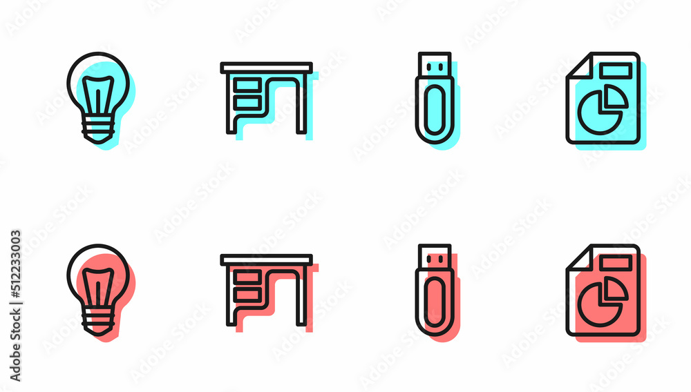 Poster set line usb flash drive, light bulb, office desk and document with graph chart icon. vector