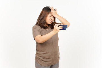 Playing Mobile Game on Smartphone of Beautiful Asian Woman Isolated On White Background