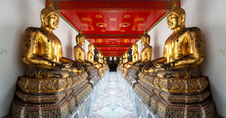The row of old Buddha statues in the temple in the temple of Wat Pho, Bangkok, Thailand. Create...