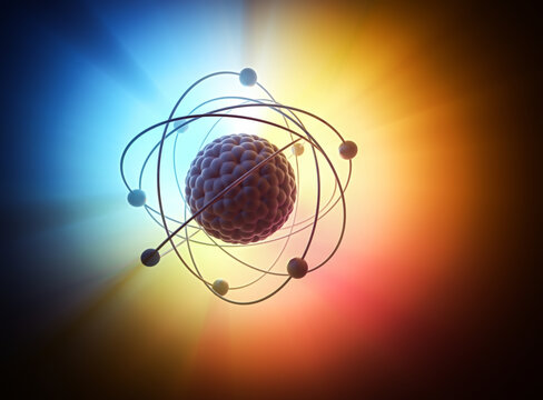 3D illustration. Nuclear power, nuclear reaction or nuclear energy, generating heat in a concept image of a nuclear atomic model.