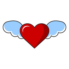 Red heart with wings. Vector illustration in cartoon style.