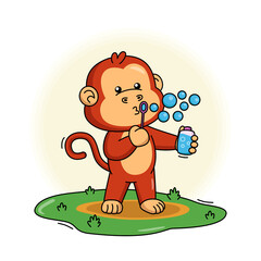 Cartoon illustration of cute monkey blowing soap bubbles