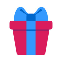 Pink gift box with blue ribbon and bow. Vector illustration, cartoon style.