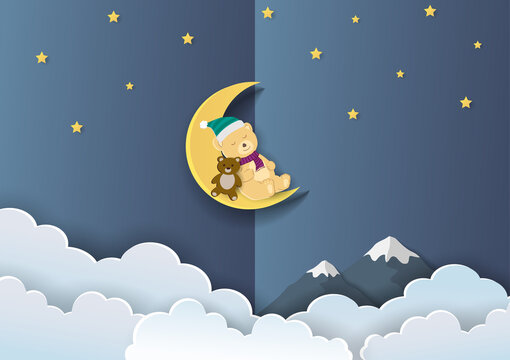 Paper cut and craft style with cute bear sleeping on the moon