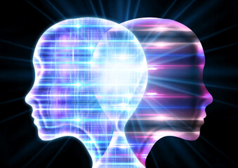 サイエンステクノロジーの概念で光輝くロボットの横顔の3dイラスト