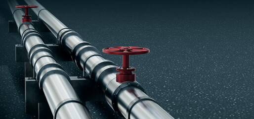 Two pipes above ground. Steel pipeline with red valves. Concept of chemical industry. Pipes for...