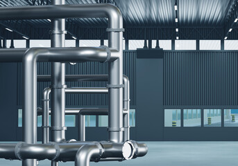 Steel pipeline in building. Pipes to empty hangar. Pipeline for supplying water or other liquids. Industrial background with pipes. Concept of pipeline and engineering systems design. 3d rendering.