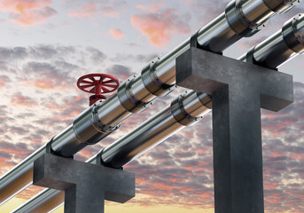 Concrete supports with pipes. Two steel pipes on background of sky. Pipes for transportation of oil products. Oil pipeline under clouds. Pipeline for import of fuel. Petroleum pipeline. 3d rendering. - obrazy, fototapety, plakaty