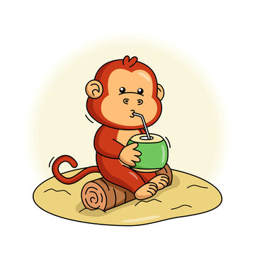 Cartoon illustration of cute monkey drinking coconut water