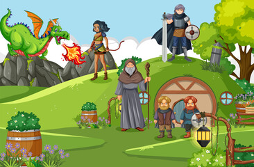 Naklejka premium Enchanted scene with medieval cartoon characters