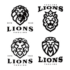 Lion head heraldic emblem logo set. Lion head mascot silhouette or line art collection. Vector illustration