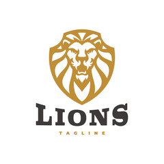 Fototapeta premium Lion shield heraldic emblem logo design. Lion head and shield mascot vector illustration