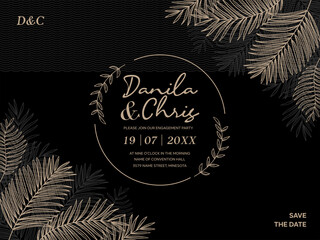 Wedding invitation card template with beautiful leaves vector