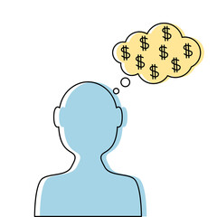 head of a man with thoughts about money. dollar earning concept. vector illustration isolated