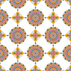 Abstract geometric ethnic mandala seamless pattern design. Aztec fabric carpet mandala ornaments textile decorations wallpaper. Tribal boho native mandalas turkey traditional embroidery vector 