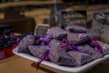 Freshly made lavender sachets for sale at a farm stand in Vacaville Northern California, near San...