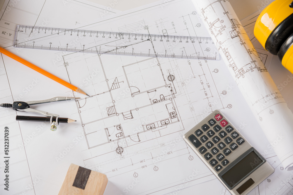 Poster architectural project workplace. top view of house plan blueprint paper with repair tools on table d