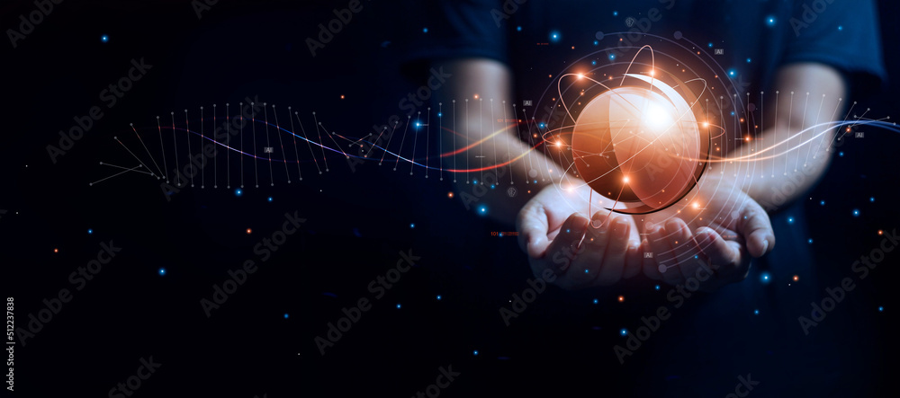 Fototapete Data science analytics concept. Man holding data of science in global network connection, Exchange, Algorithm and deep learning, science, Ai, Artificial intelligence and future business of technology.