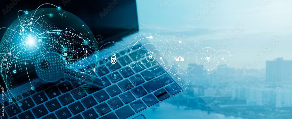 Poster Global network communication, Data security safety and encryption, Personal information, Cyber security and protection, Technology and internet business. Global networking security.