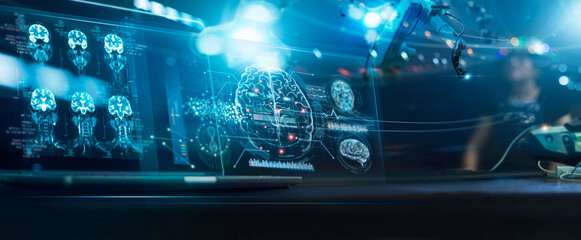 Doctor surgeon and neurologist use robotic and medical technology diagnose and examine patient...