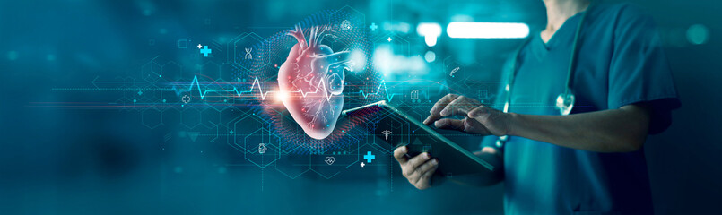 Fototapeta Cardiologist doctor examine heart functions and check up report electronic medical record of patient on tablet. Digital healthcare and network connection on interface, Science. Medical technology. obraz