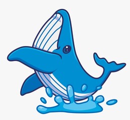 cute blue whale jumping from water. isolated cartoon animal illustration. Flat Style Sticker Icon Design Premium Logo vector. Mascot Character