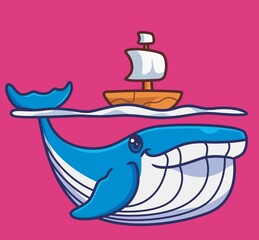 cute blue whale with a boat. isolated cartoon animal illustration. Flat Style Sticker Icon Design Premium Logo vector. Mascot Character