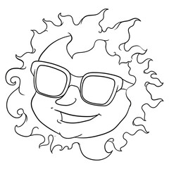 Cool sun wearing glasses with smiling gesture in outlines, Vector illustration
