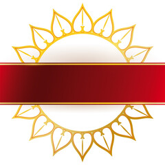 Fancy template with red ribbon and gold sun shaped circle, Vector illustration