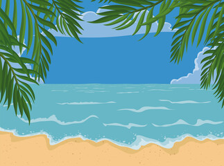 Beautiful scene at the beach with palm leaves and sea, Vector illustration