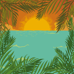 Fototapeta na wymiar Beautiful sunset scene at the beach with palms, Vector illustration