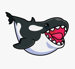 cute killer whale hunting. isolated cartoon animal illustration. Flat Style Sticker Icon Design Premium Logo vector. Mascot Character