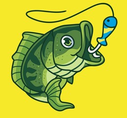 cute catch bass fish while fishing. isolated cartoon animal illustration. Flat Style Sticker Icon Design Premium Logo vector. Mascot Character