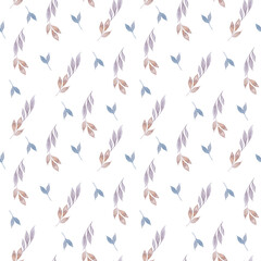 Seamless watercolor pattern with isolated leaves on the white background.