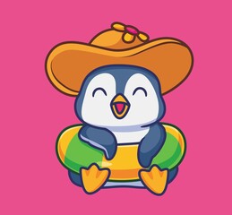 Obraz premium cute penguin holiday vacation with lifebuoy hat for summer. isolated cartoon animal illustration. Flat Style Sticker Icon Design Premium Logo vector. Mascot Character