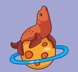 cute seal stand on planet moon with ring. isolated cartoon animal illustration. Flat Style Sticker Icon Design Premium Logo vector. Mascot Character