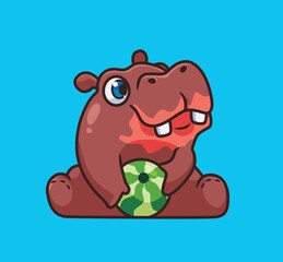 cute hippopotamus eating watermelon. isolated cartoon animal illustration vector