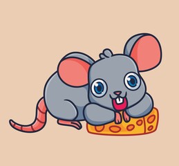cute cartoon mouse get piece of cheese. isolated cartoon animal illustration vector